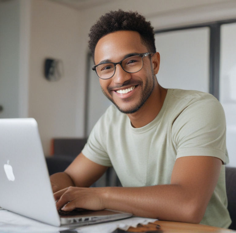 A man is smiling while he's playing online slots.