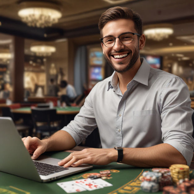 A happy man receiving a bonus notification on his laptop while playing casino games on Yesbet.
