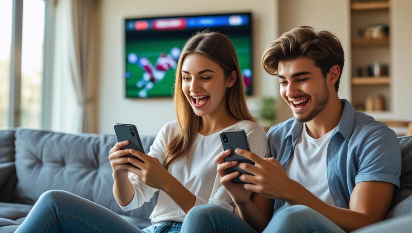 Young couple on sofa betting via smartphones while blurred sports game plays.