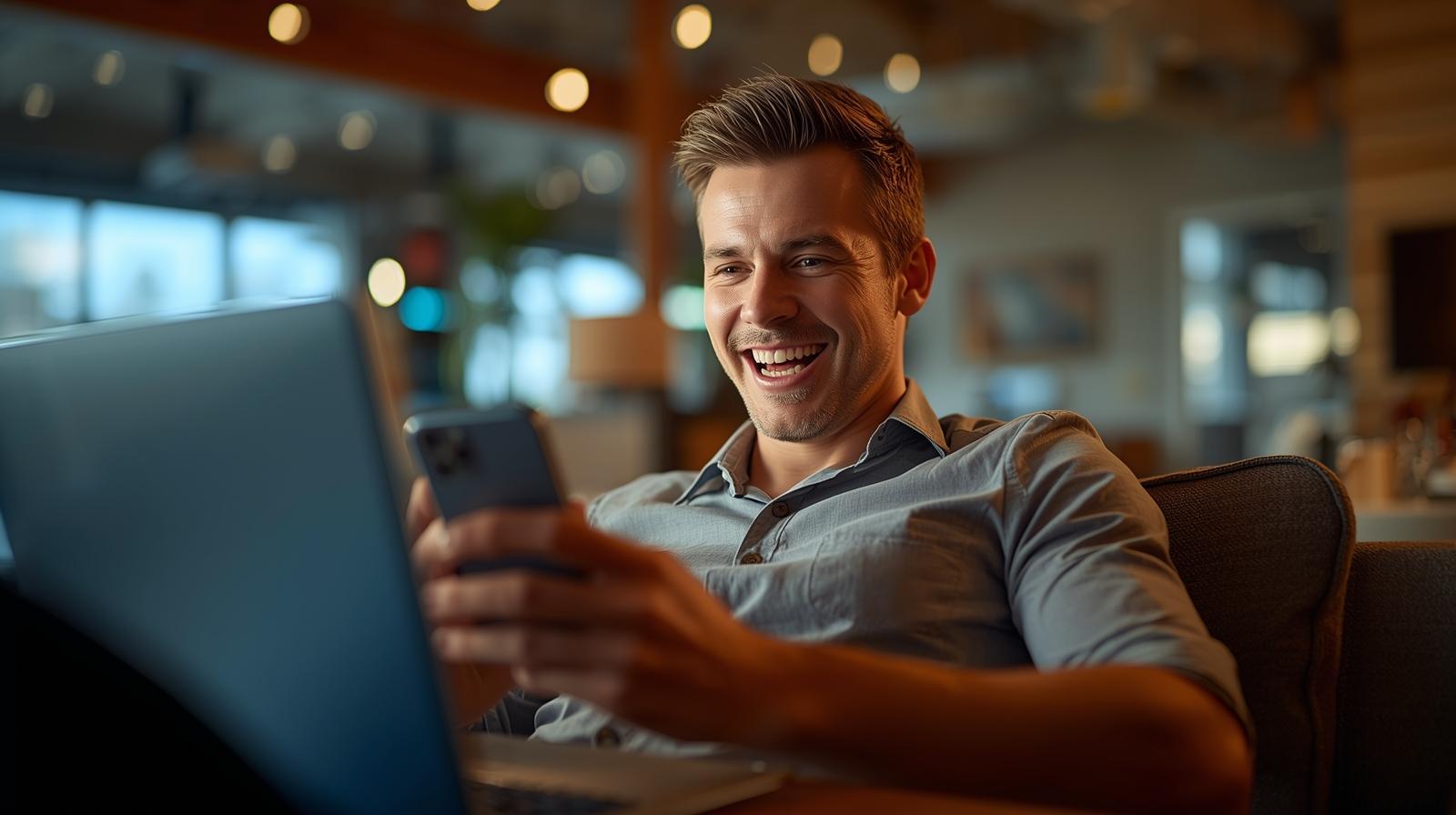 Happy man using laptop indoors celebrating a win from an online baccarat game.