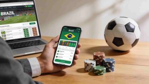 A smart phone and a laptop screen showing Brazilian betting platform. Casino chips and soccer ball are on top of the table.