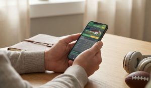 A player's hand holding a smart phone showing mobile betting app on the screen