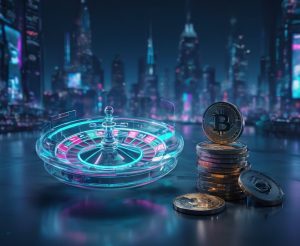 holographic image of a roulette and bitcoins on the side