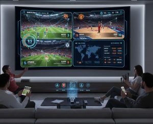 A dynamic football streaming interface displaying live EPL matches, featuring real-time stats, player tracking graphics, and interactive betting insights, with fans watching on multiple devices in a modern, digital-focused environment.
