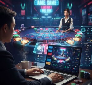 A realistic online live dealer baccarat table with digital betting interface, modern casino lighting, player using a laptop with statistics dashboard visible, high detail, cinematic lighting.