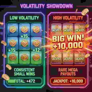A visually dynamic online slot machine interface showing contrasting themes of high volatility (explosions, jackpots) and low volatility (steady coin flow), neon casino lights, futuristic digital gaming environment