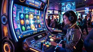 A futuristic casino game where a player interacts with a digital skill-based slot machine, featuring arcade-style controls, glowing interfaces, and immersive virtual gaming visuals