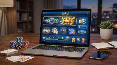 a laptop, featuring bonus icons, gift boxes, free spin symbols, loyalty rewards, and secure account features
