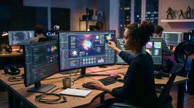 Modern game designer working on an interactive digital game interface